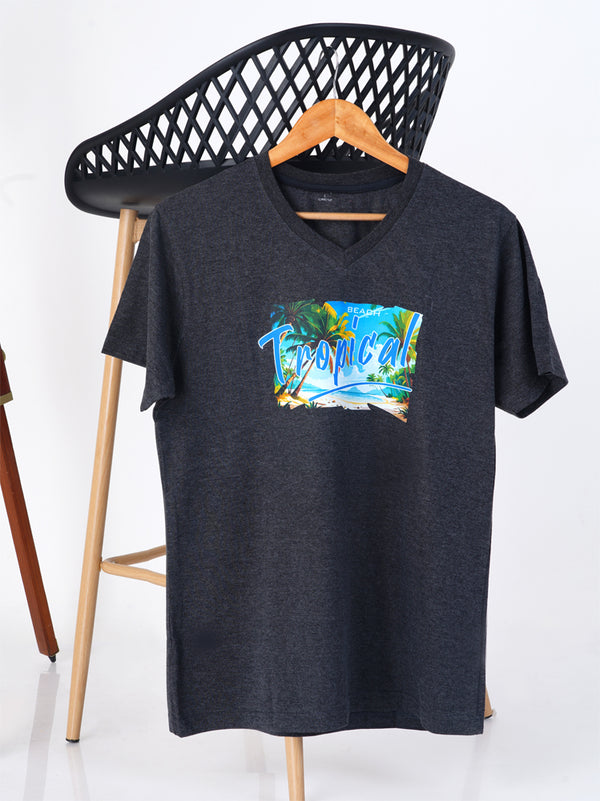 Holiday T shirt Printed Beach Wear V Neck Charcoal Black