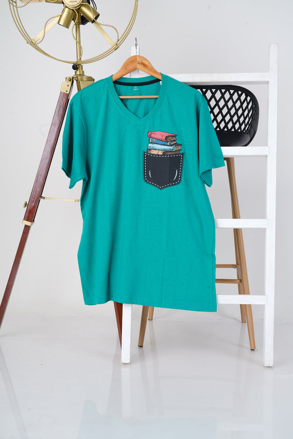 A Trend Setter Dark Green with Print Cotton T-shirt V-Neck