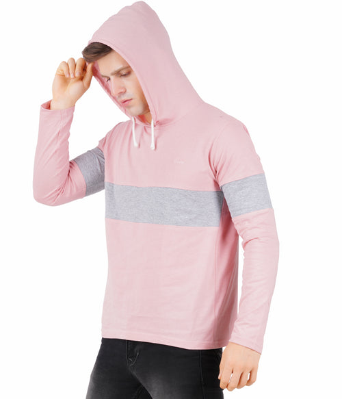 Men Color Block Hooded Neck Pink T-Shirt