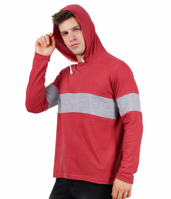 Men Color Block Hooded Neck Red T-Shirt