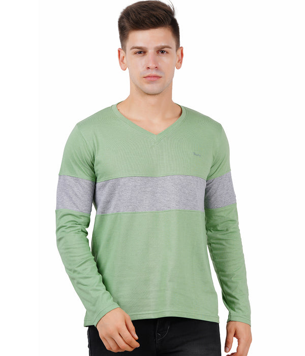 Men Full Sleeve V Neck Green T-Shirt