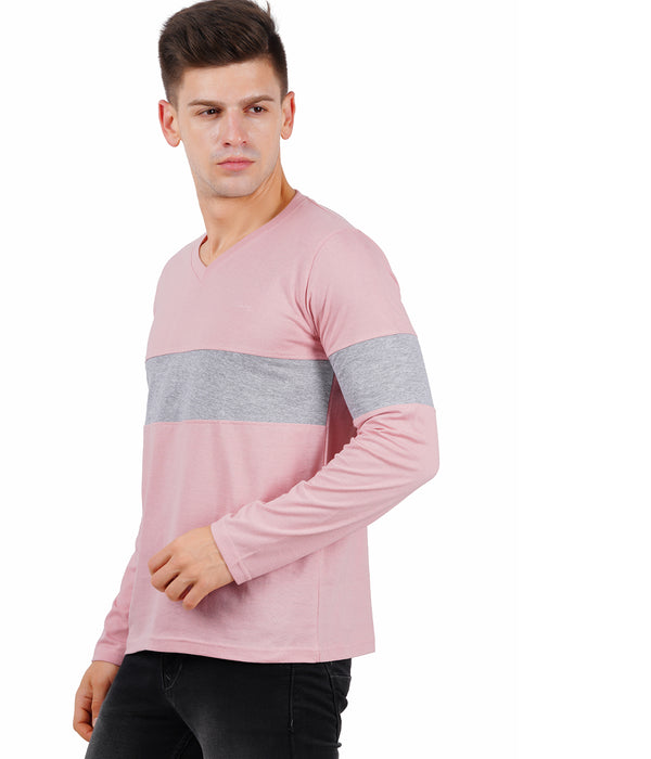 Men Full Sleeve V Neck Pink T-Shirt