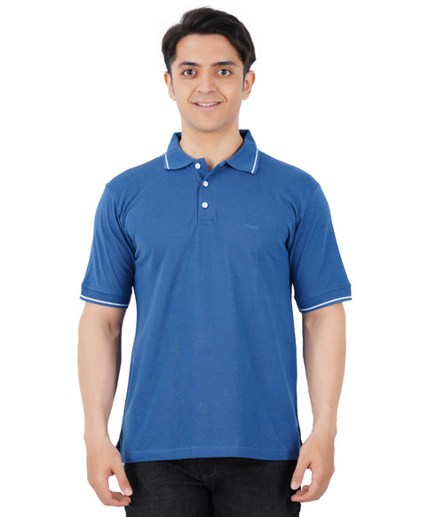 Men Solid Polo Neck Blue T-Shirt