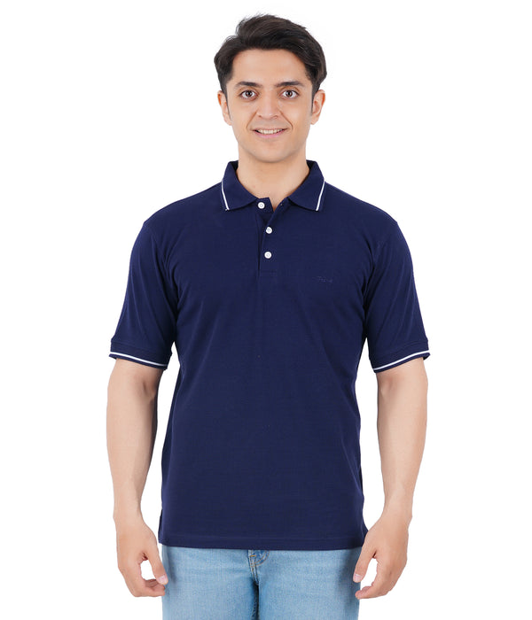 Men Solid Polo Neck Navy Blue T-Shirt