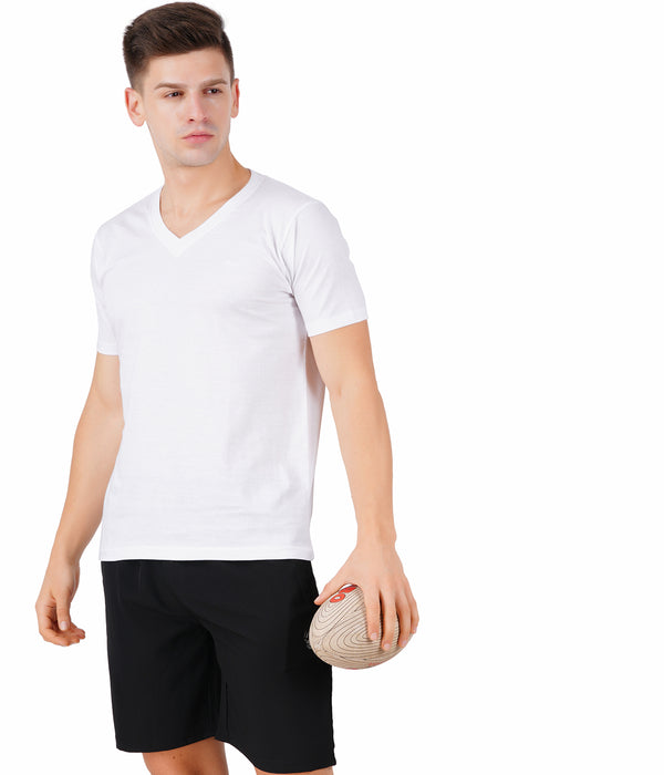 Men Solid V Neck White T-Shirt