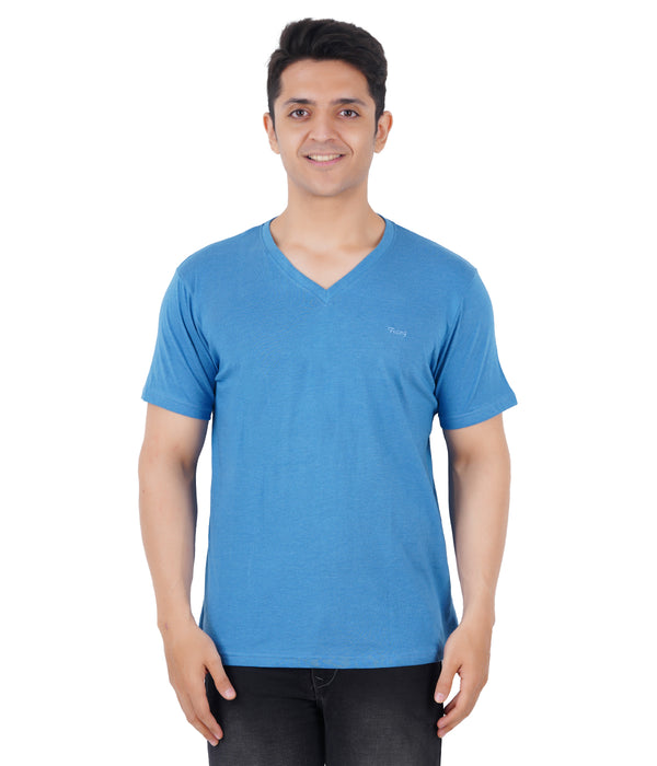 Men Solid V Neck Blue T-Shirt