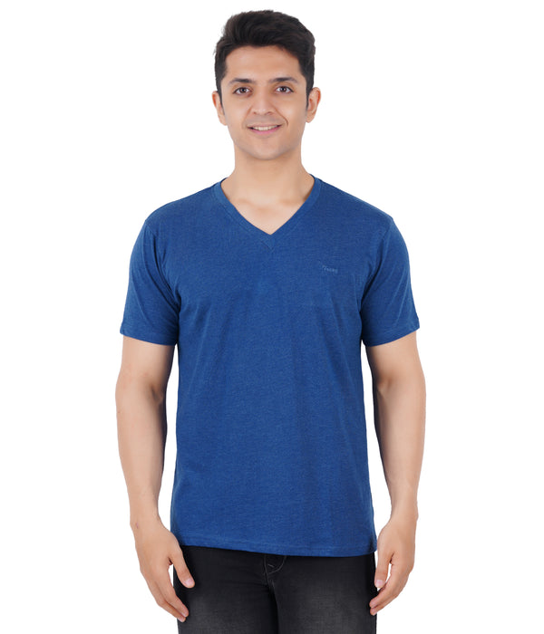 Men Solid V Neck Dark Blue T-Shirt