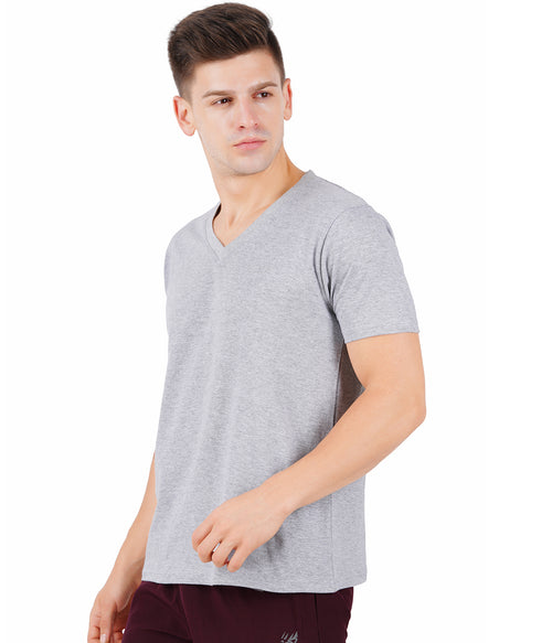 Men Solid V Neck Grey T-Shirt
