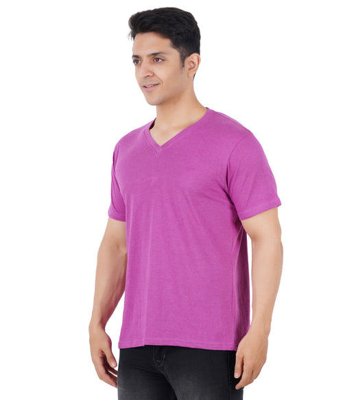 Men Solid V Neck Purple T-Shirt