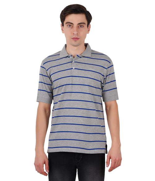 Men Striped Polo Neck Grey & Blue T-Shirt