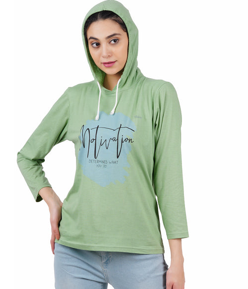 Women Printed,  Hooded Neck Light Green Full Sleeve T-Shirt