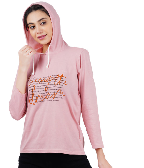 Women Printed Hooded Neck Pink Full Sleeve T-Shirt