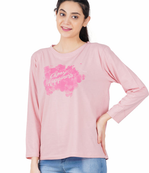 Women Printed,  Round Neck Pink Full Sleeve T-Shirt