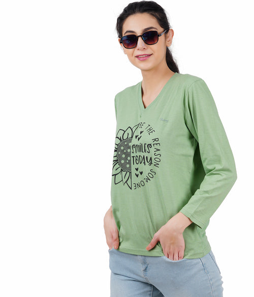 Women Printed,  V Neck Light Green Full Sleeve T-Shirt