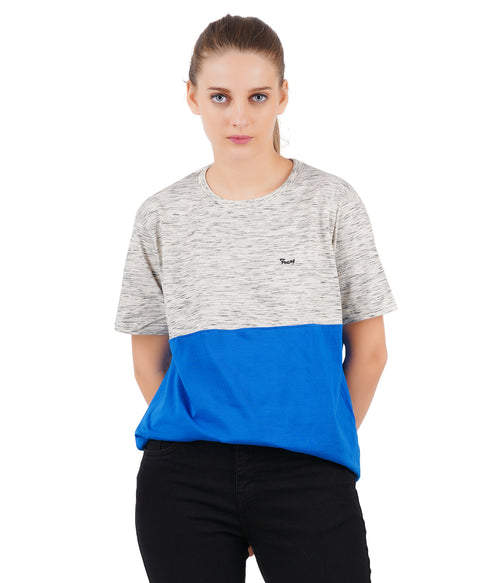 Women Solid Round Neck Blue Nepping T-Shirt