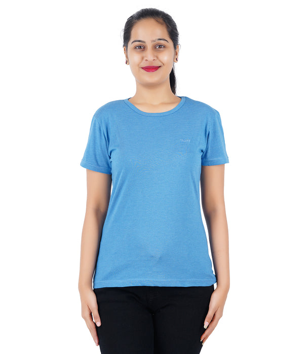 Women Solid Round Neck Light Blue T-Shirt