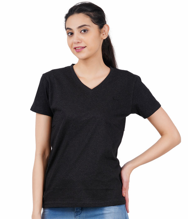Women Solid  V Neck Black T-Shirt
