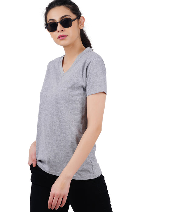 Women Solid V Neck Grey T-Shirt