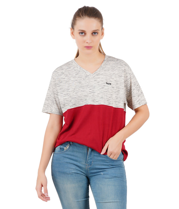 Women Solid V Neck Maroon Nepping T-Shirt