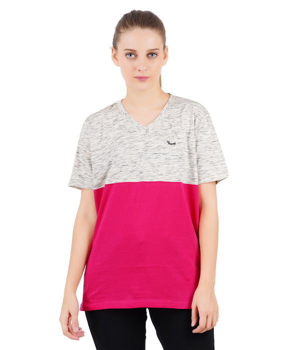 Women Solid V Neck Pink Nepping T-Shirt